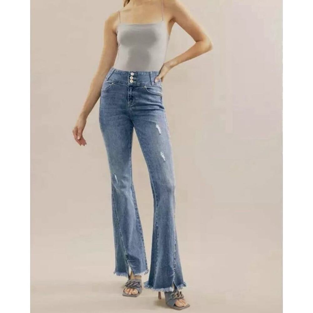 KANCAN JEANS miranda flare ultra high rise raw hem fringe medium wash size 3 25
